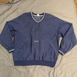 Vintage Nike Jacket Mens L Blue Pullover Windbreaker Lightweight V Neck Swoosh